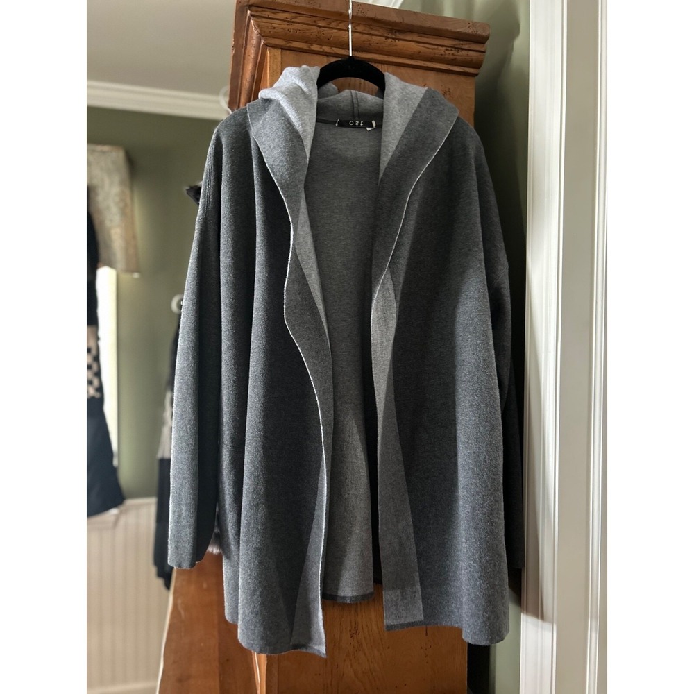OST Cotton Cashmere Blend Color Block Open Front Coatagan Gray Hooded Size XL